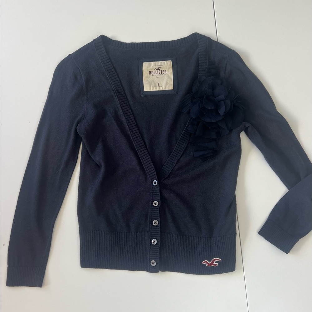Hollister V-neck Cardigan Sweater Rosette Dark Navy S
